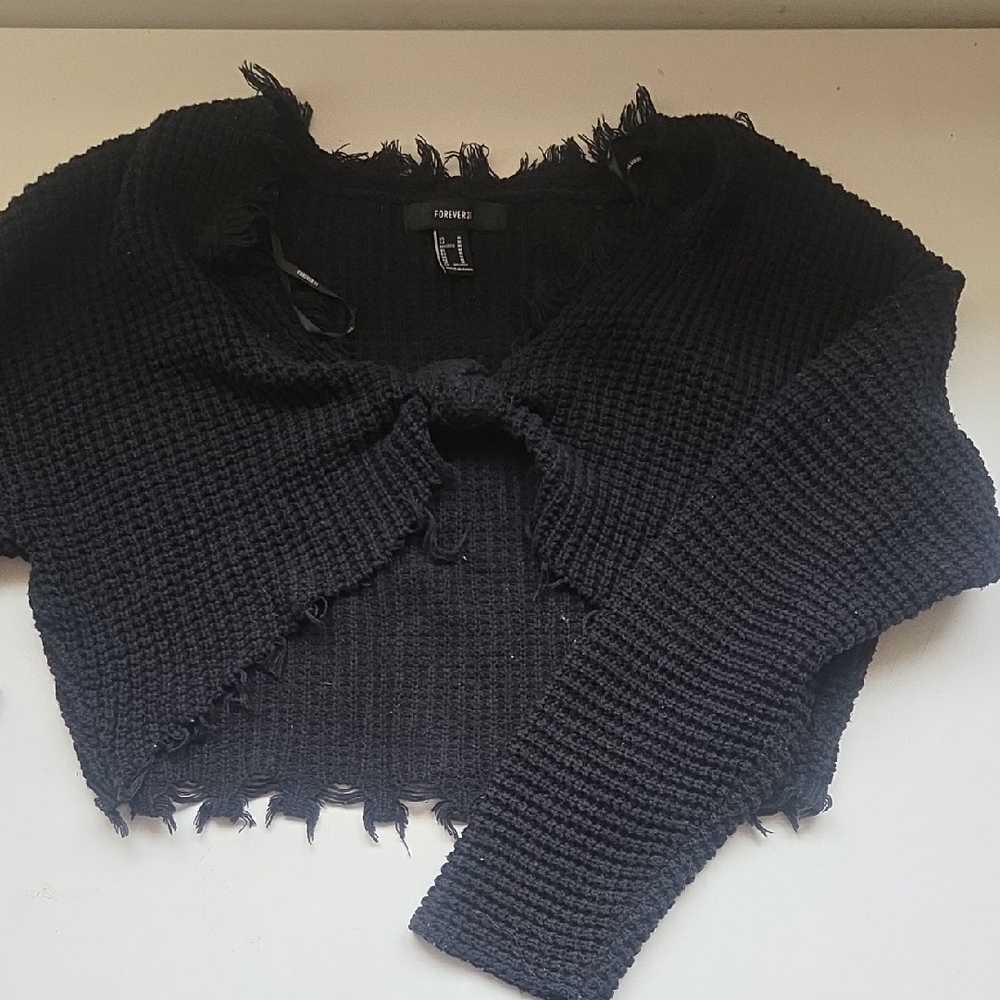 Forever 21 Black Cropped Frayed Waffle Knit Cardigan